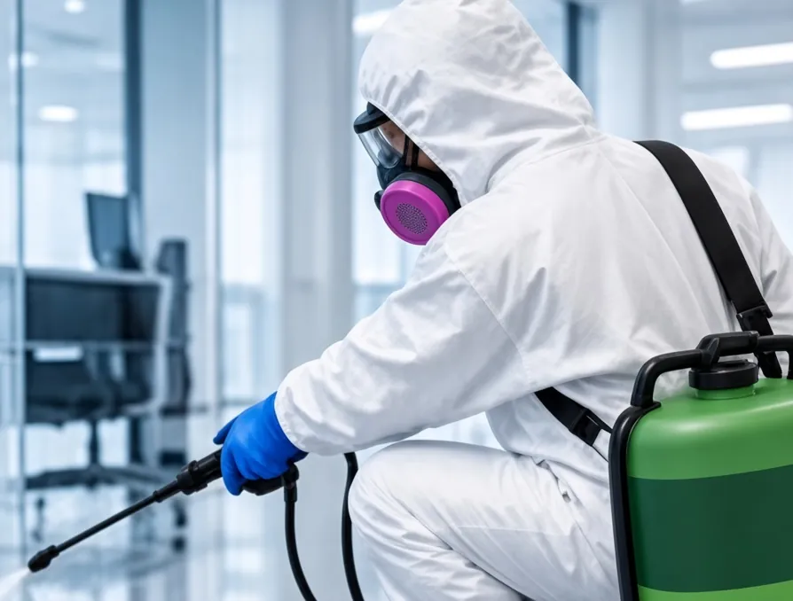 Technician in a white protective suit and respirator disinfecting an office floor with a green sprayer