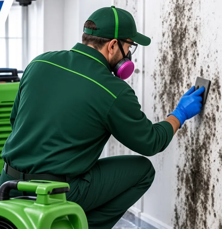 Master Green Clean technician in a green uniform and respirator scraping mold off a wall beside a green air mover