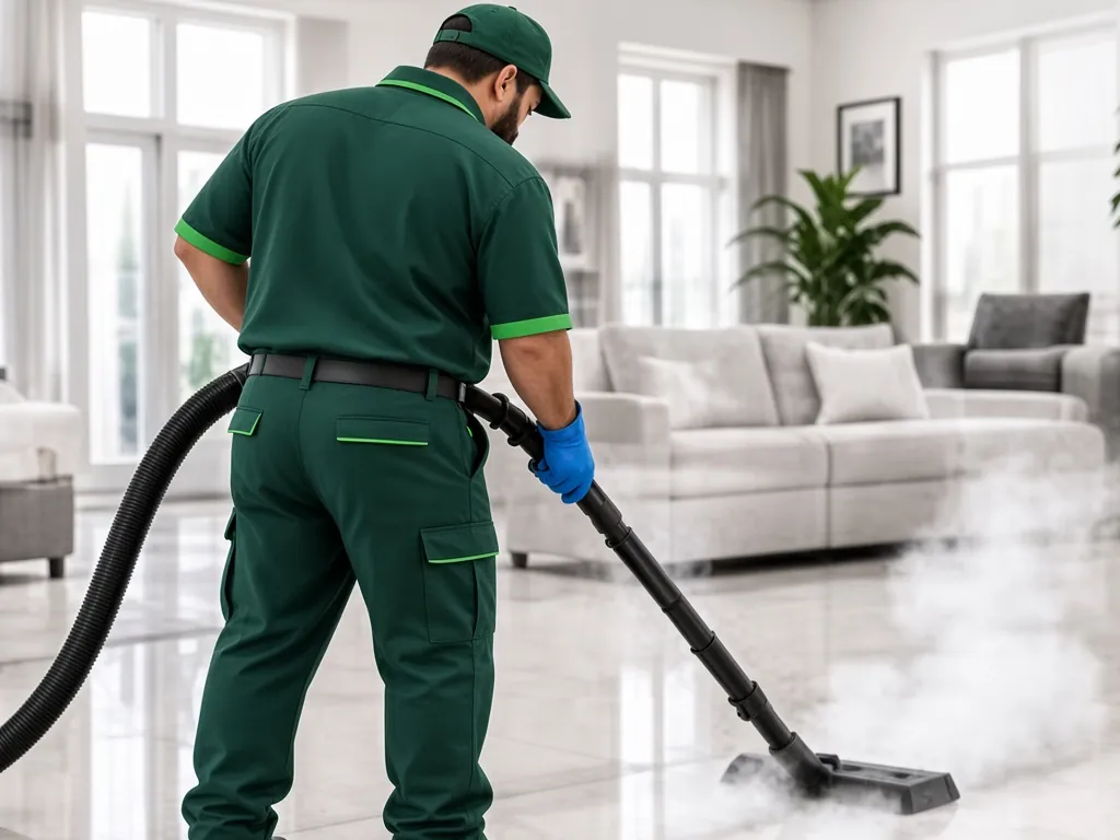 Master Green Clean technician in a green uniform steam-cleaning a bright living-room floor